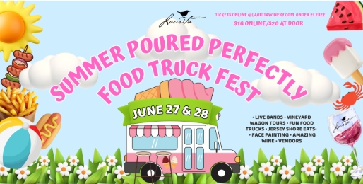 food truck festival flyer with graphic of a meadow and flowers, watermelon, sun, beach ball, hot dog, wine in a glass, crab and an ice pop