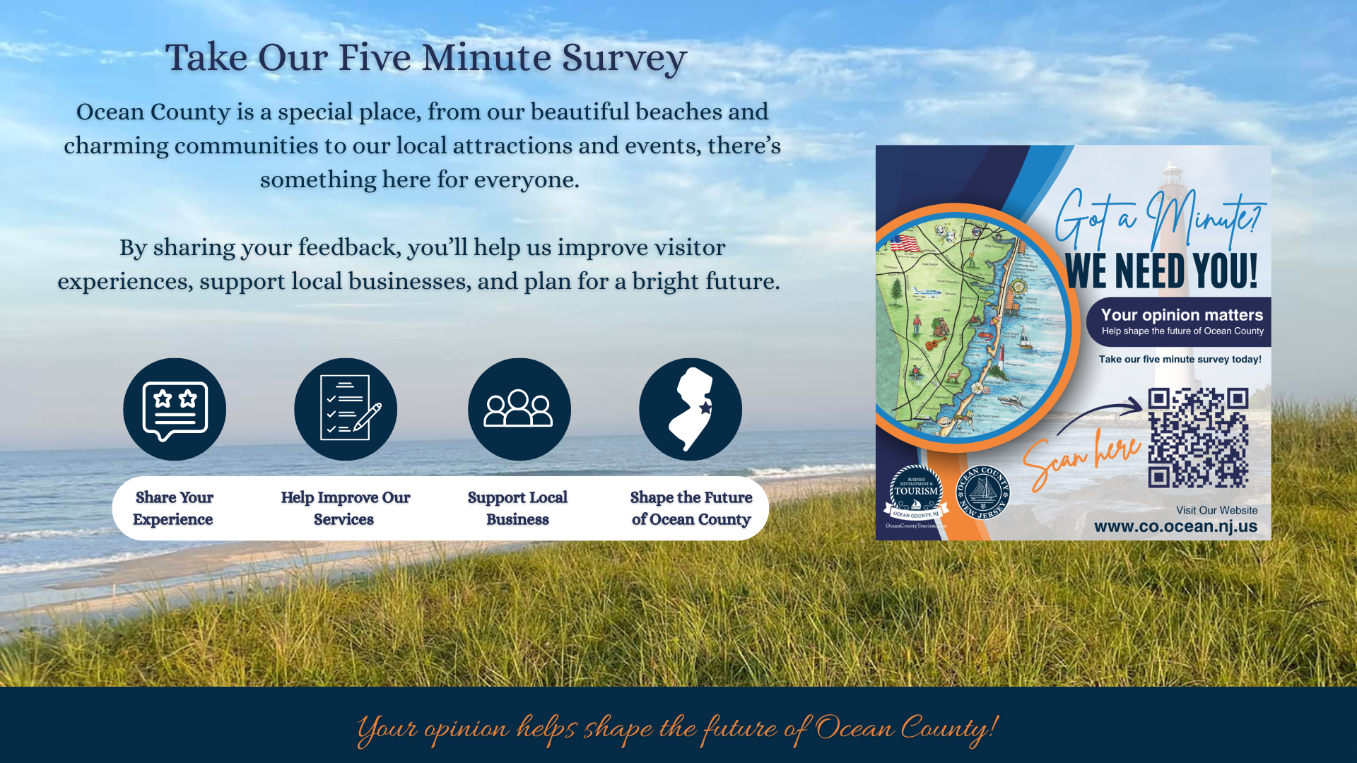 Take Our Five Minute Survey. Ocean County is a special place, from our beautiful beaches and charming communities to our local attractions and events, there’s something here for everyone. By sharing your feedback, you’ll help us improve visitor experiences, support local businesses, and plan for a bright future. Share Your Experience, Help Improve Our Services, Support Local Business, Shape the Future of Ocean County. Your opinion helps shape the future of Ocean County!