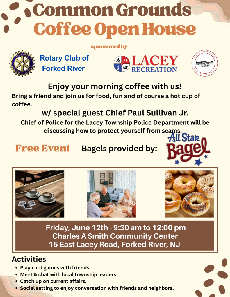 Common Grounds Coffee Open House flyer. People gathered around a table playing a card game, two cups of coffee on a table and bagels 