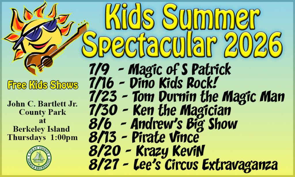 kids shows flyer with graphic of a sun in sunglasses playing guitar