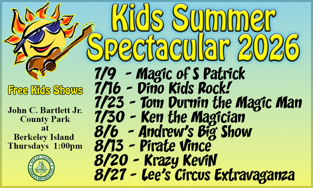 kids shows flyer with graphic of a sun in sunglasses playing guitar