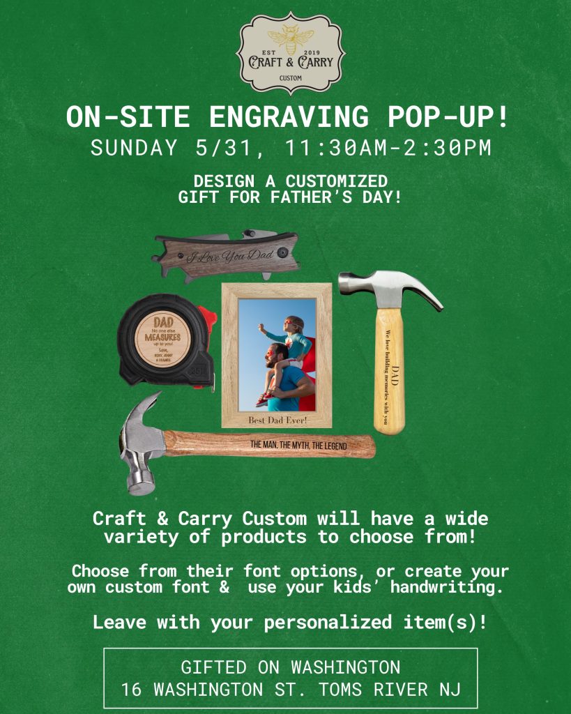 Engraved picture frame, hammer, knife, and tape measure 