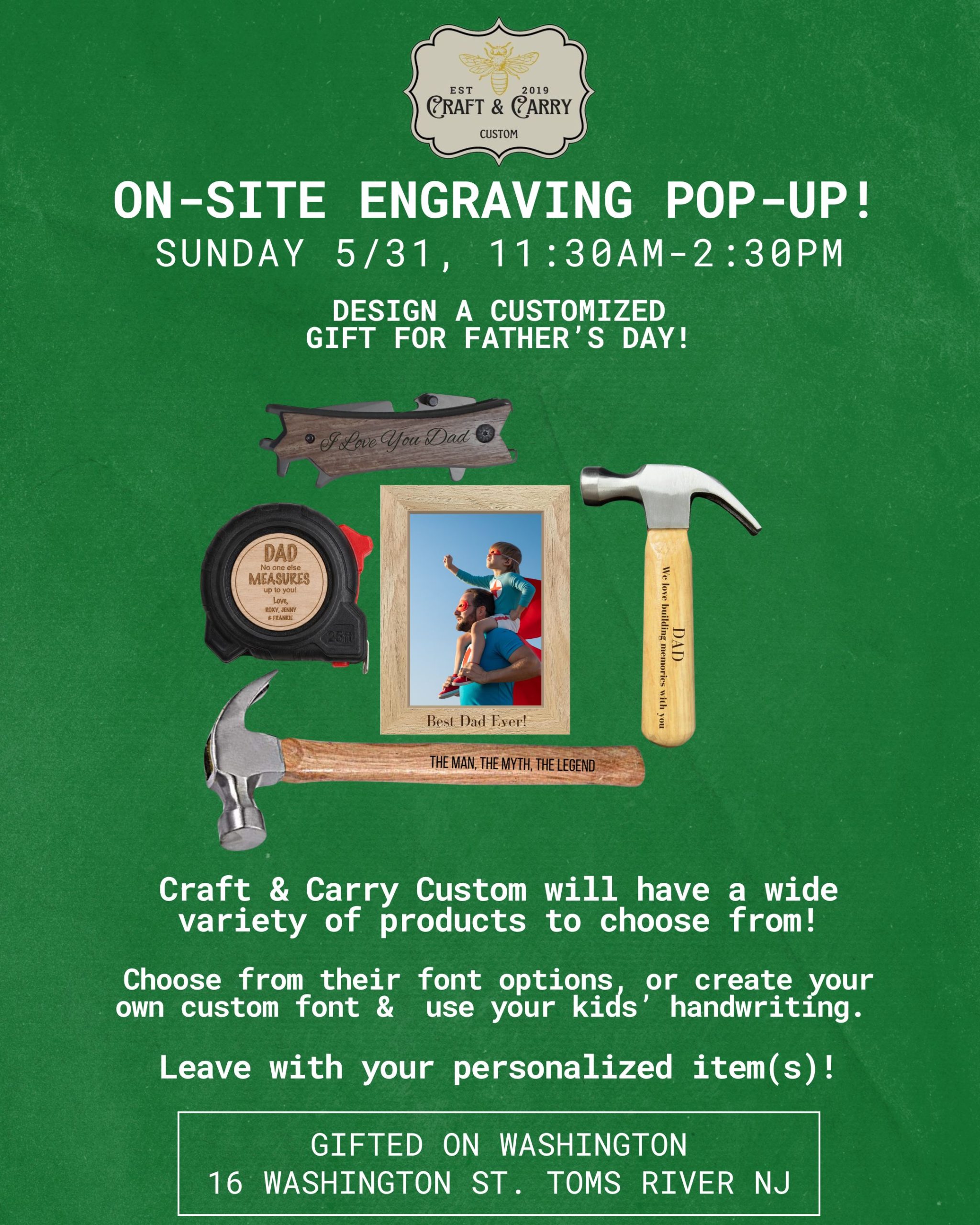 Engraved picture frame, hammer, knife, and tape measure