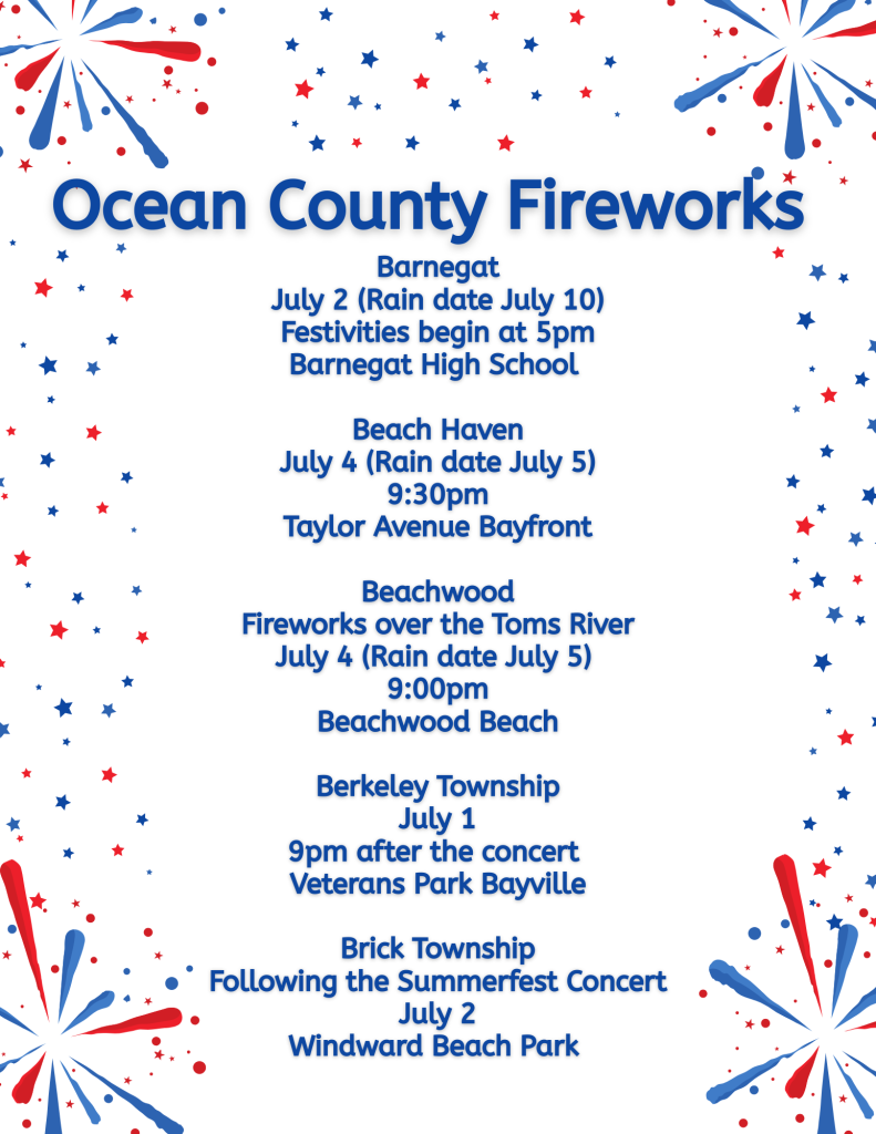 Ocean County fireworks list on a white background with red and blue fireworks 