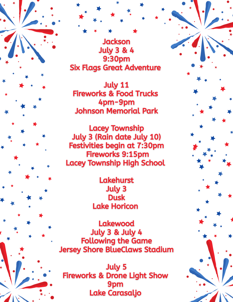 Ocean County fireworks list on a white background with red and blue fireworks 
