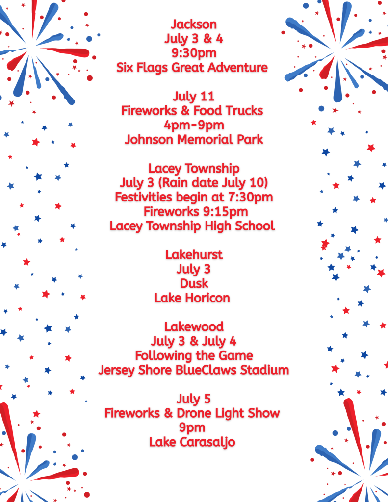 Ocean County fireworks list on a white background with red and blue fireworks