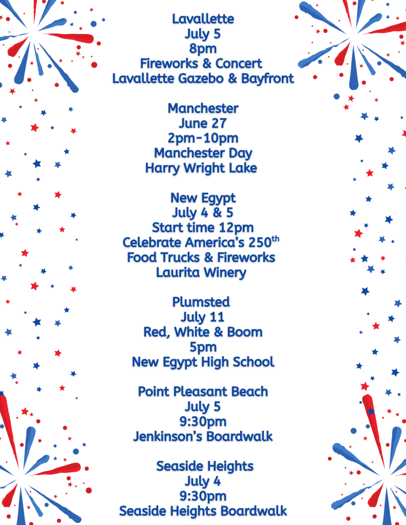 Ocean County fireworks list on a white background with red and blue fireworks