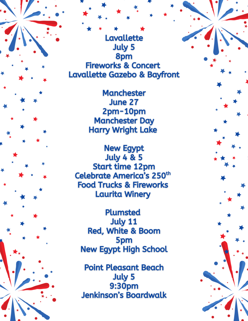 Ocean County fireworks list on a white background with red and blue fireworks