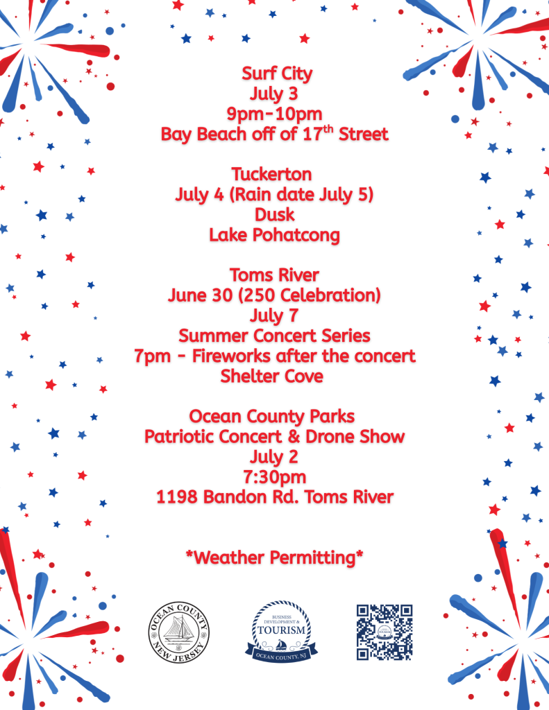 Ocean County fireworks list on a white background with red and blue fireworks