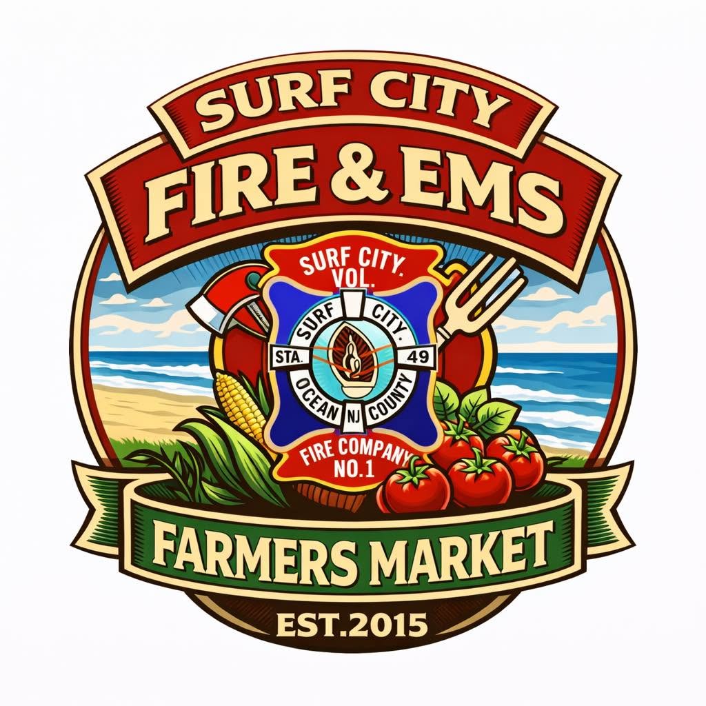 surf city farmers market flyer with graphic of vegetables, fruits in front of the ocean and beach