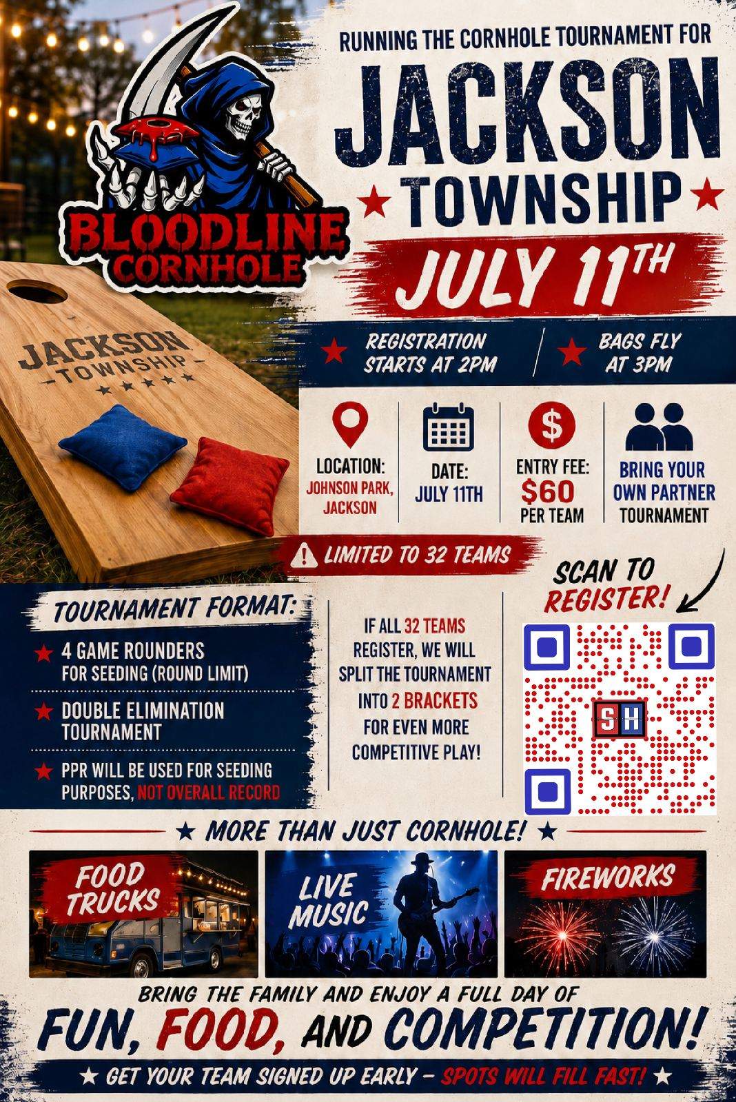 cornhole tournament flyer. Cornhole board with red and blue bags
