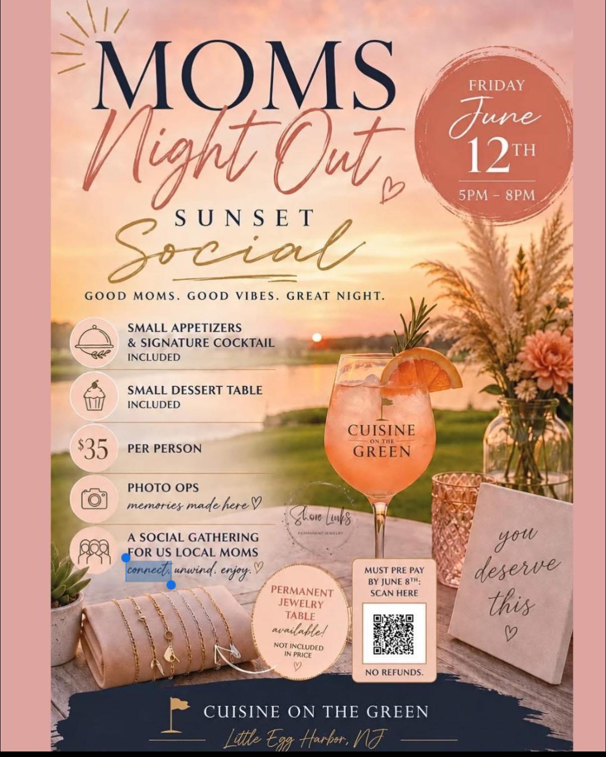 Moms night out flyer. Table with jewelry, a succulent, flowers in a vase and a glass of wine overlooking a golf course at sunset