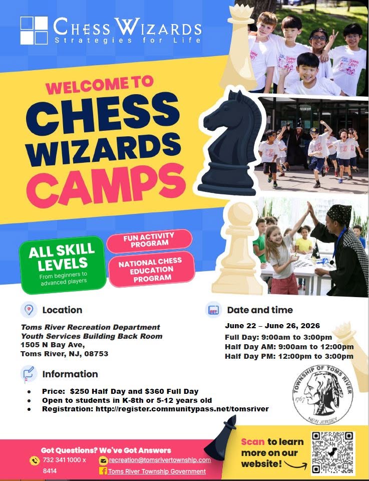 Chess Wizards Camp flyer. Kids playing chess, running and posing for a photo together