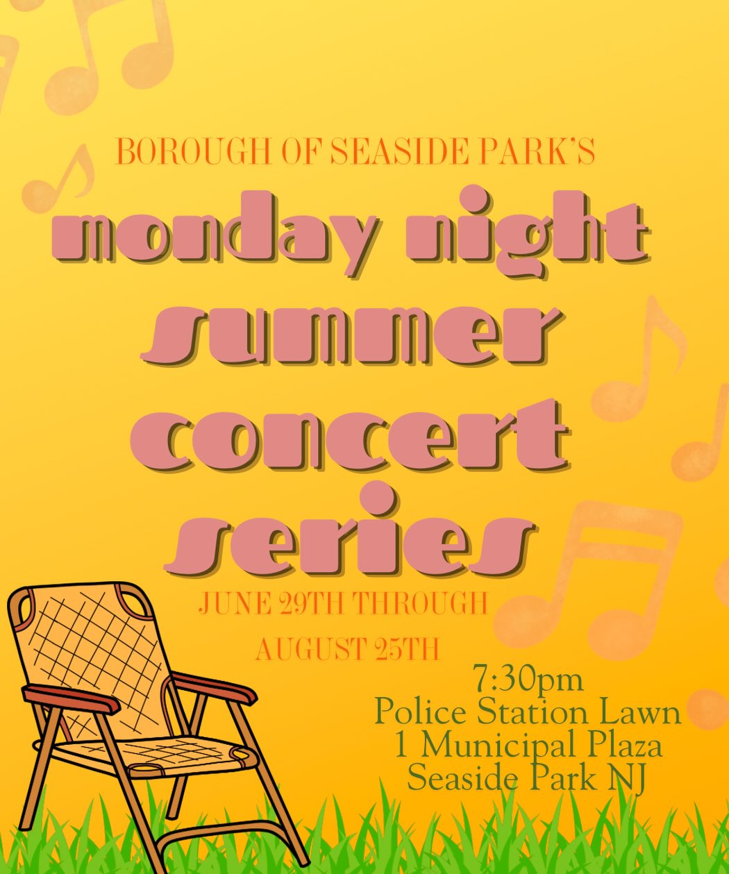concert series flyer on yellow background with a lawn chair in the grass