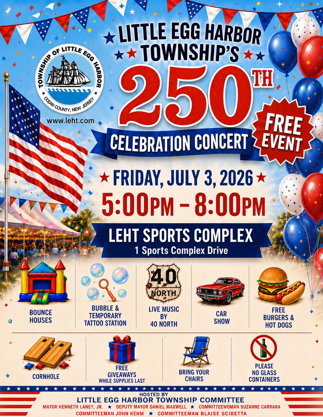 Little Egg Harbor 250 Celebration flyer with an American Flag, ed, white and blue balloons and people sitting under a white tent