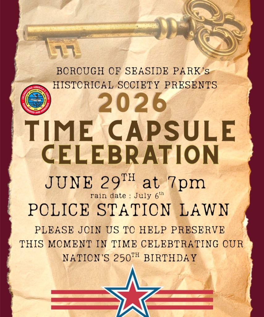 time capsule celebration. A gold key and a red and blue star