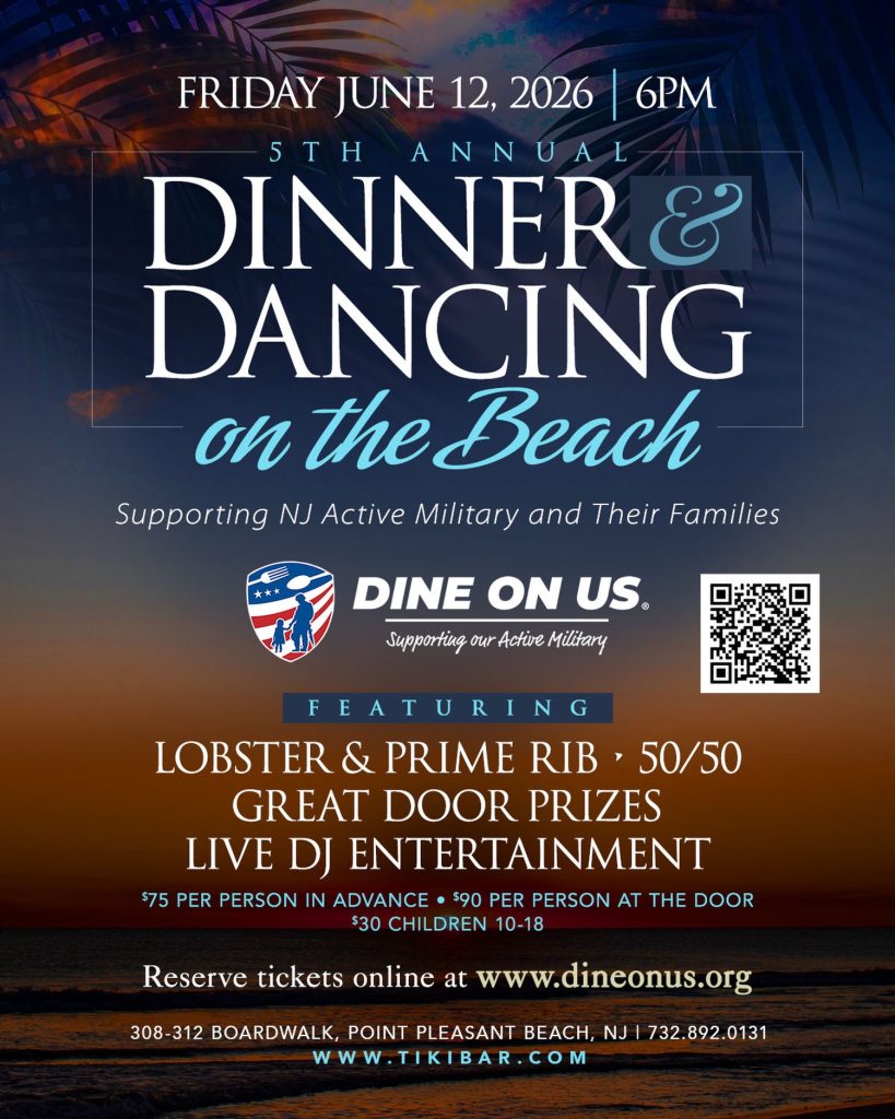Dinner and dancing on the beach flyer. Background is the ocean with palm trees in the skyline 