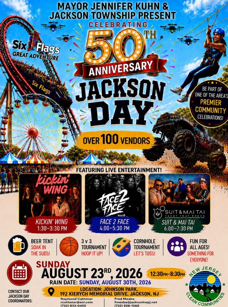 Colorful promotional poster for the 50th Anniversary Jackson Day celebration presented by Mayor Jennifer Kuhn and Jackson Township. The design features amusement park imagery, including a roller coaster, Ferris wheel, zip line rider, monster truck, and drones surrounding a large “50th Anniversary Jackson Day” title. The poster highlights over 100 vendors, live entertainment by Kickin’ Wing (1:30–3:30 p.m.), Face 2 Face (4:00–5:30 p.m.), and Suit & Mai Tai (6:00–7:30 p.m.), plus a beer tent, 3-on-3 basketball tournament, cornhole tournament, and activities for all ages. The event takes place Sunday, August 23, 2026, from 12:30 p.m. to 8:30 p.m. at Johnson Park, 192 Kierych Memorial Drive, Jackson, New Jersey, with a rain date of Sunday, August 30, 2026. Contact information for the Jackson Day coordinators and the New Jersey Clean Communities logo appear at the bottom of the poster.