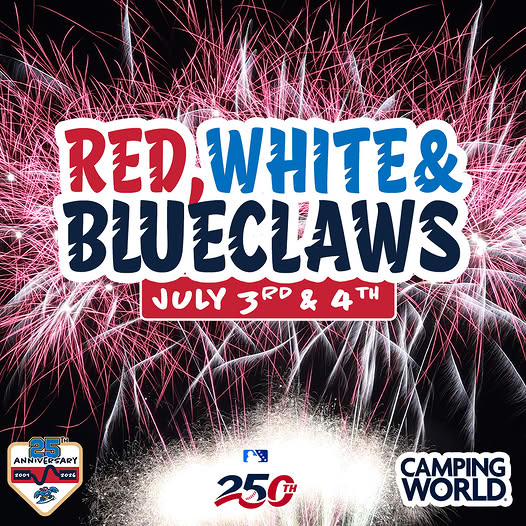 red, white and blueclaws flyer with fireworks as the background