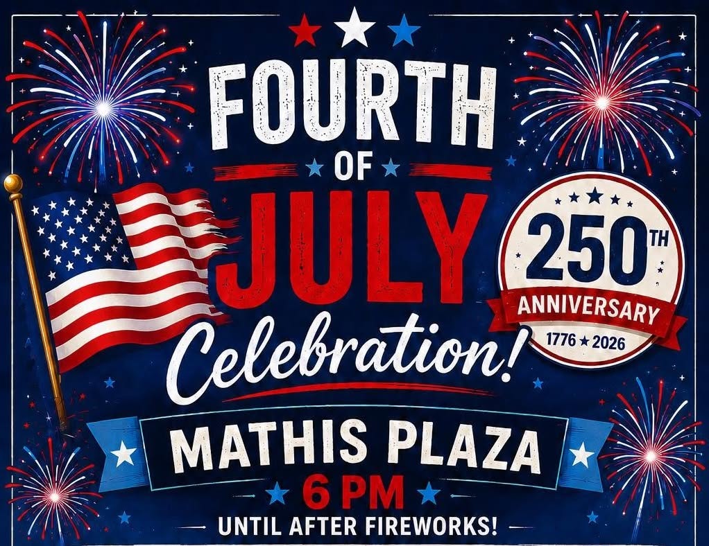 Fourth of July celebration flyer with red, white and blue fireworks