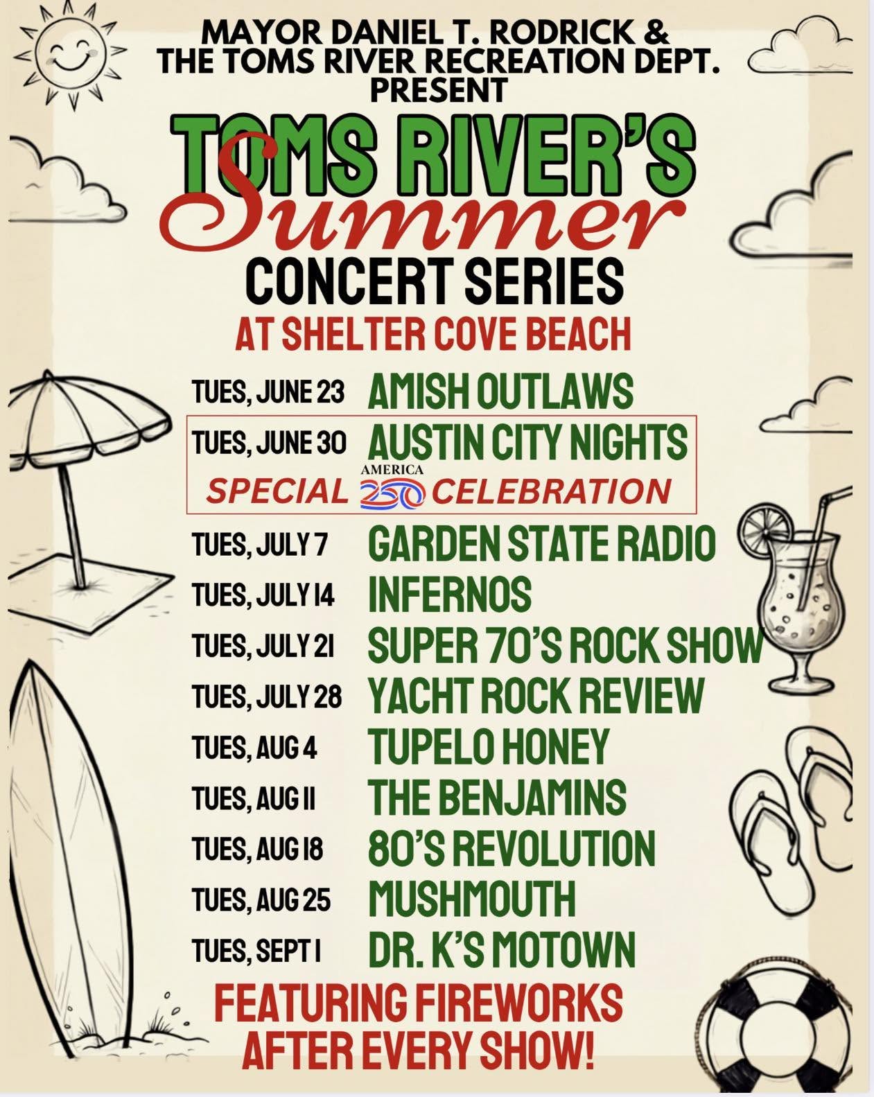 Toms River Summer concert series with a sun, clouds, mixed drink, sandals, life raft, surfboard and an umbrella int he sand