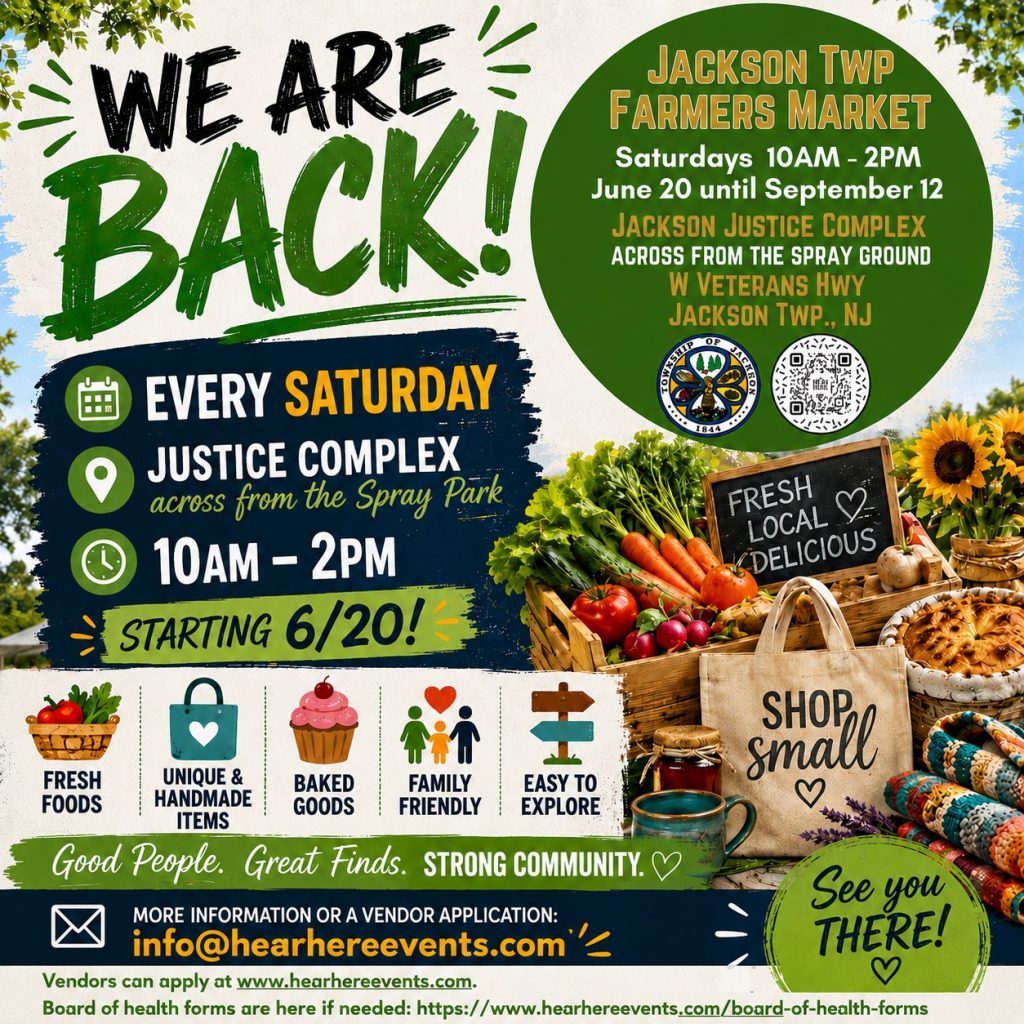 Farmers market flyer with fruits and vegetables in a wooden box