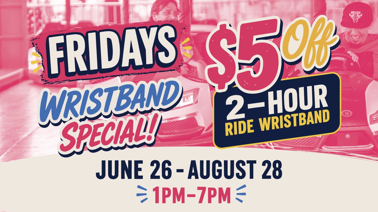 Friday Wristband special flyer with people in bumper cars as background