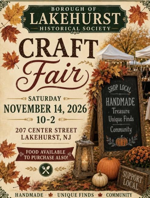 craft fair flyer with fall leaves, vendor tents with hanging lights, mums in a metal planter, pumpkins, a candle in a lantern and a wooden chalkboard sign that says shop local handmade treasure unique finds community.