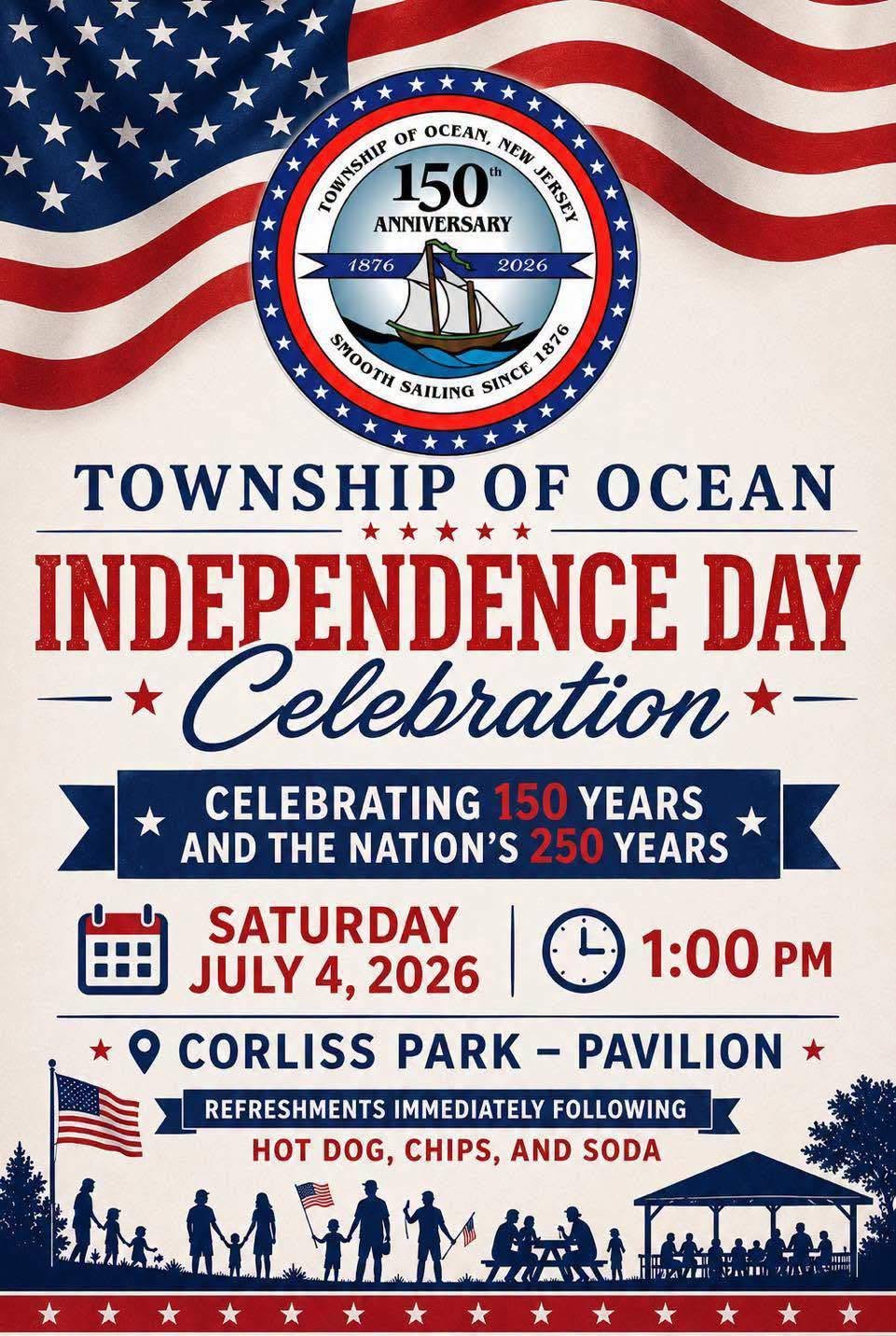 Independence Day celebration flyer with an American Flag along the top