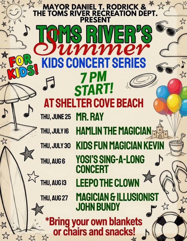 Toms River Summer concert series with a sun, clouds, mixed drink, sandals, life raft, surfboard and an umbrella in the sand.