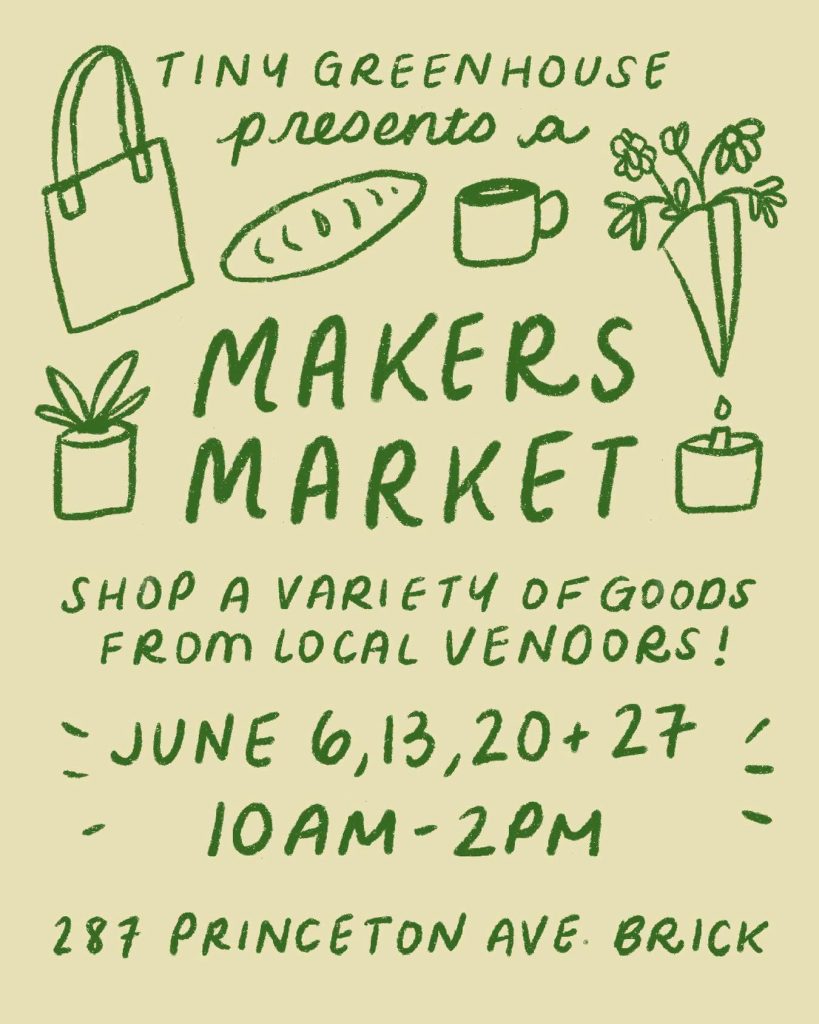 Makers market flyer with graphic of bread, coffee in a cup, flowers, candles, a shopping bag and a plant. 