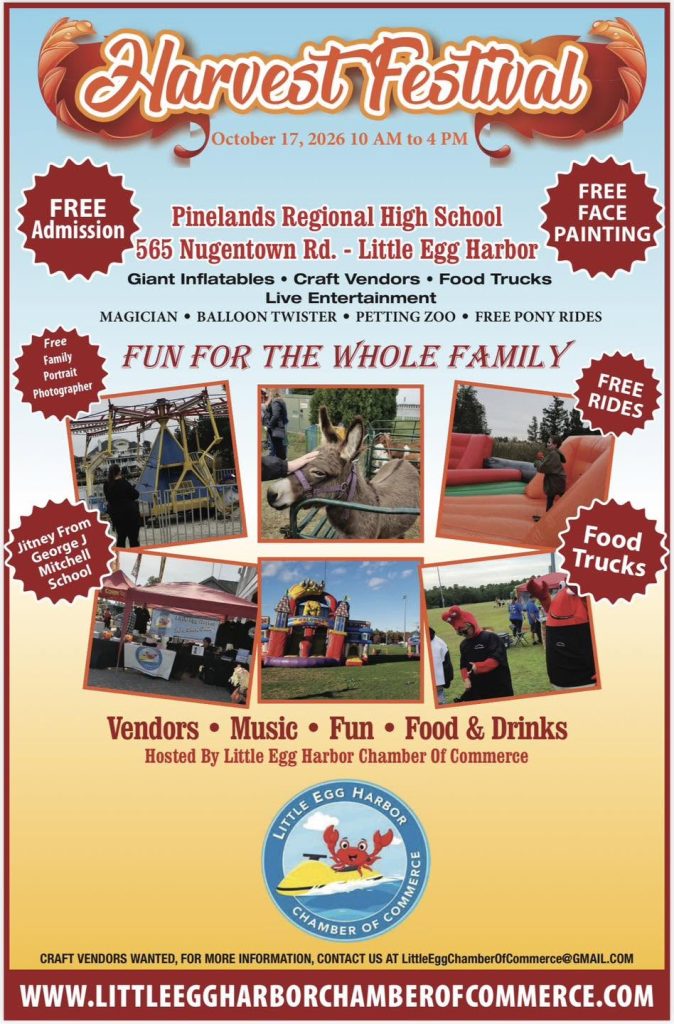 Harvest Festival flyer with photos of a donkey, a bounce house, vendor tents, amusement park ride and child in a costume.