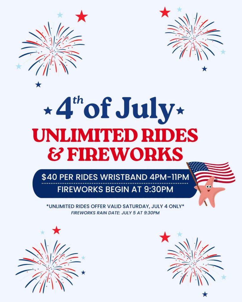 4th of july unlimited rides and fireworks flyer on a white background and red, white and blue stars & fireworks 
