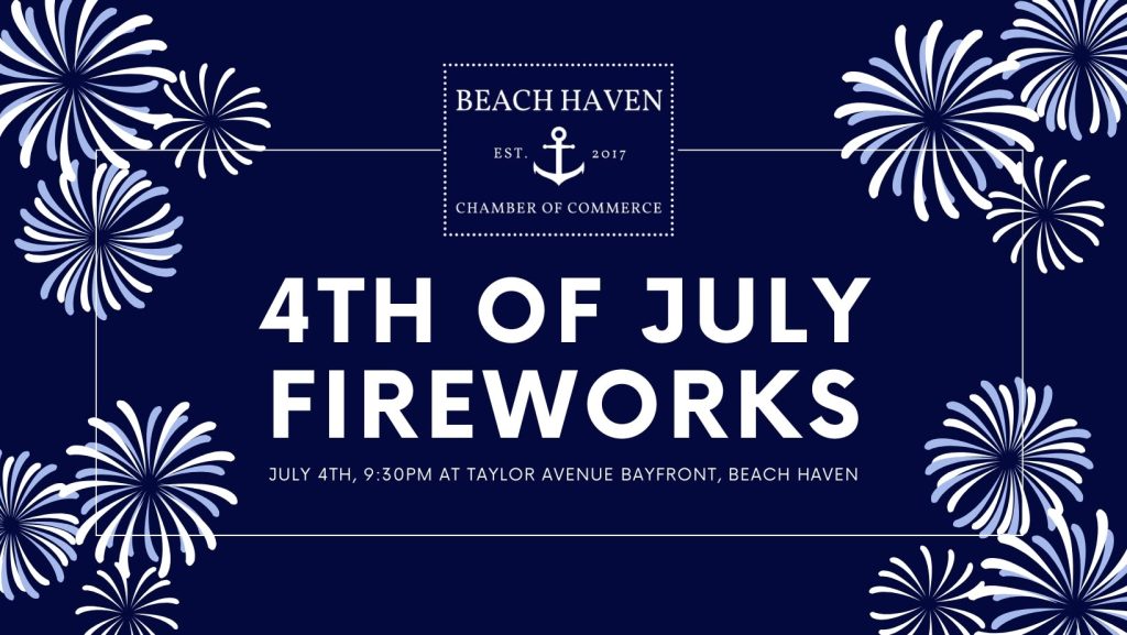 fourth of July fireworks flyer on a navy blue background with white and light blue fireworks in each corner
