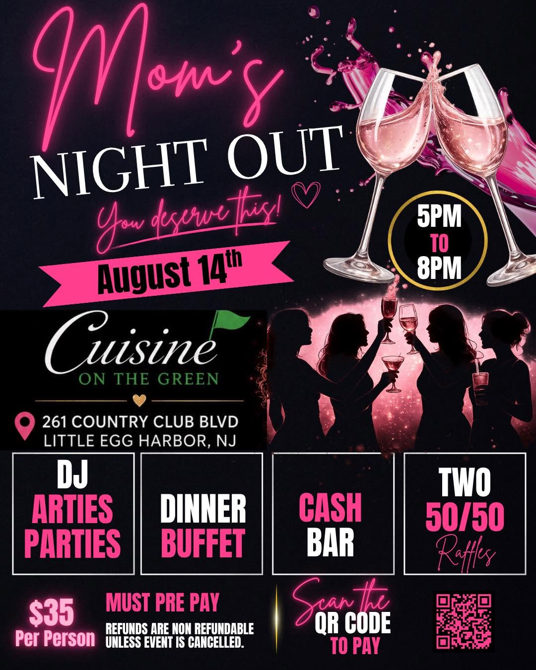 mom's night out flyer on a black background with pink font. Outline of women holding wine glasses in the air
