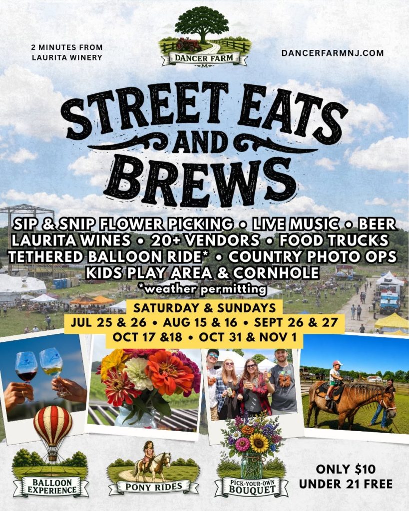 event flyer with photo of a festival going on at a farm. Photographs of people holding two wine glasses, a child on a horse, flowers in a vase and a group of people standing together holding beer for a photo