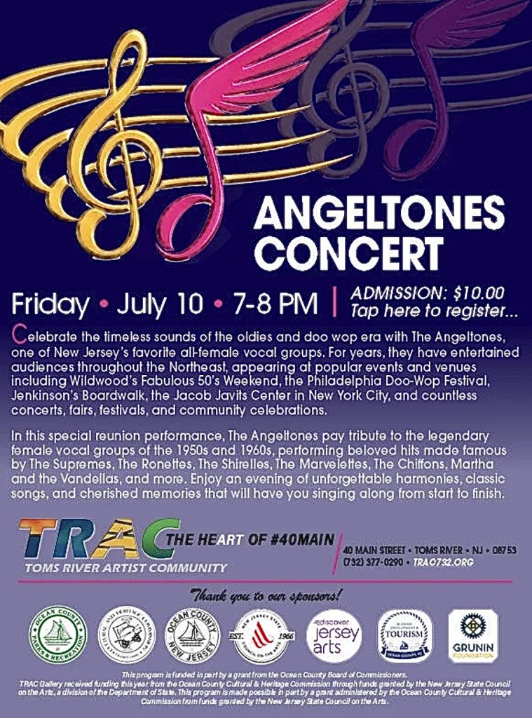 Angeltones Concert-Oldies and Doo Wop Era flyer with pink and gold musical notes 
