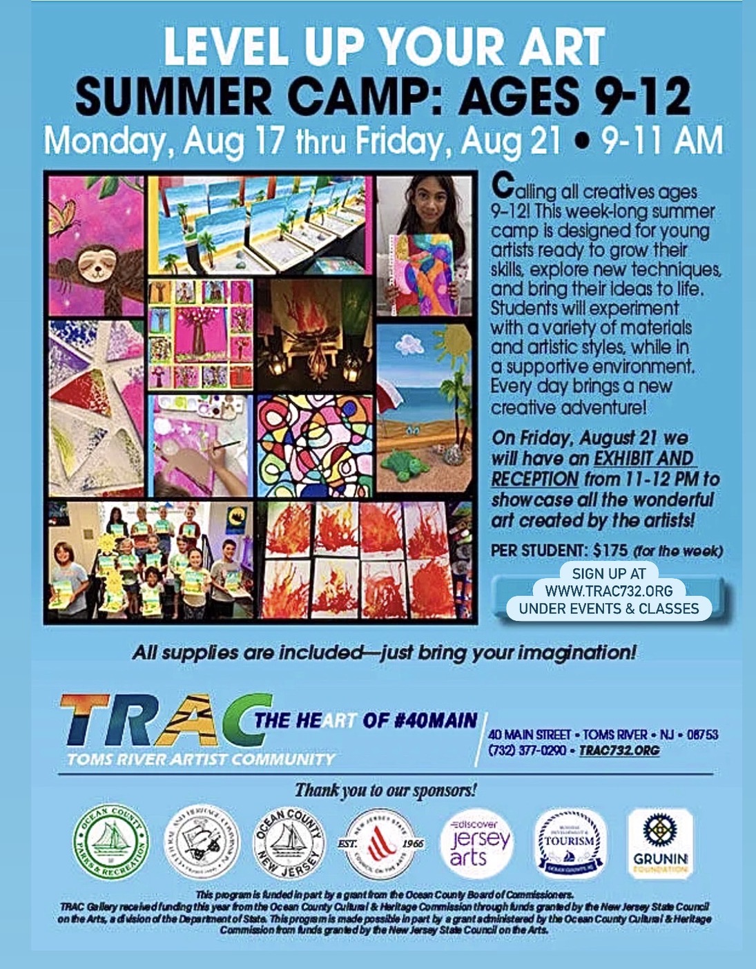 Summer art camp flyer with multiple paintings and group of children holding their paintings up for a photo
