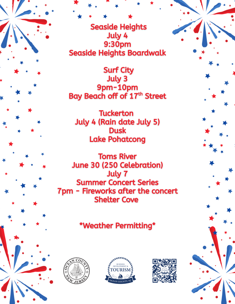 Ocean County fireworks list on a white background with red and blue fireworks