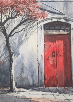 painting of a white building with a red door and a tree outside with red leaves