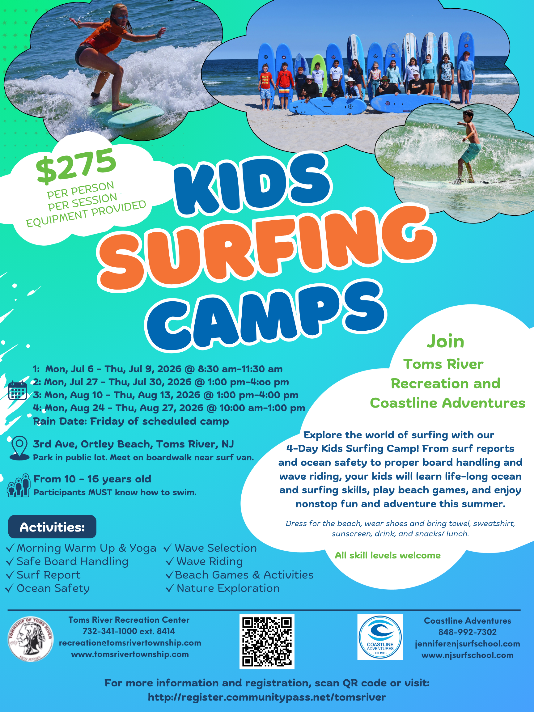 kids surfing camp flyer. Kids surfing in the ocean and standing on the beach with surf boards as a group for a photo