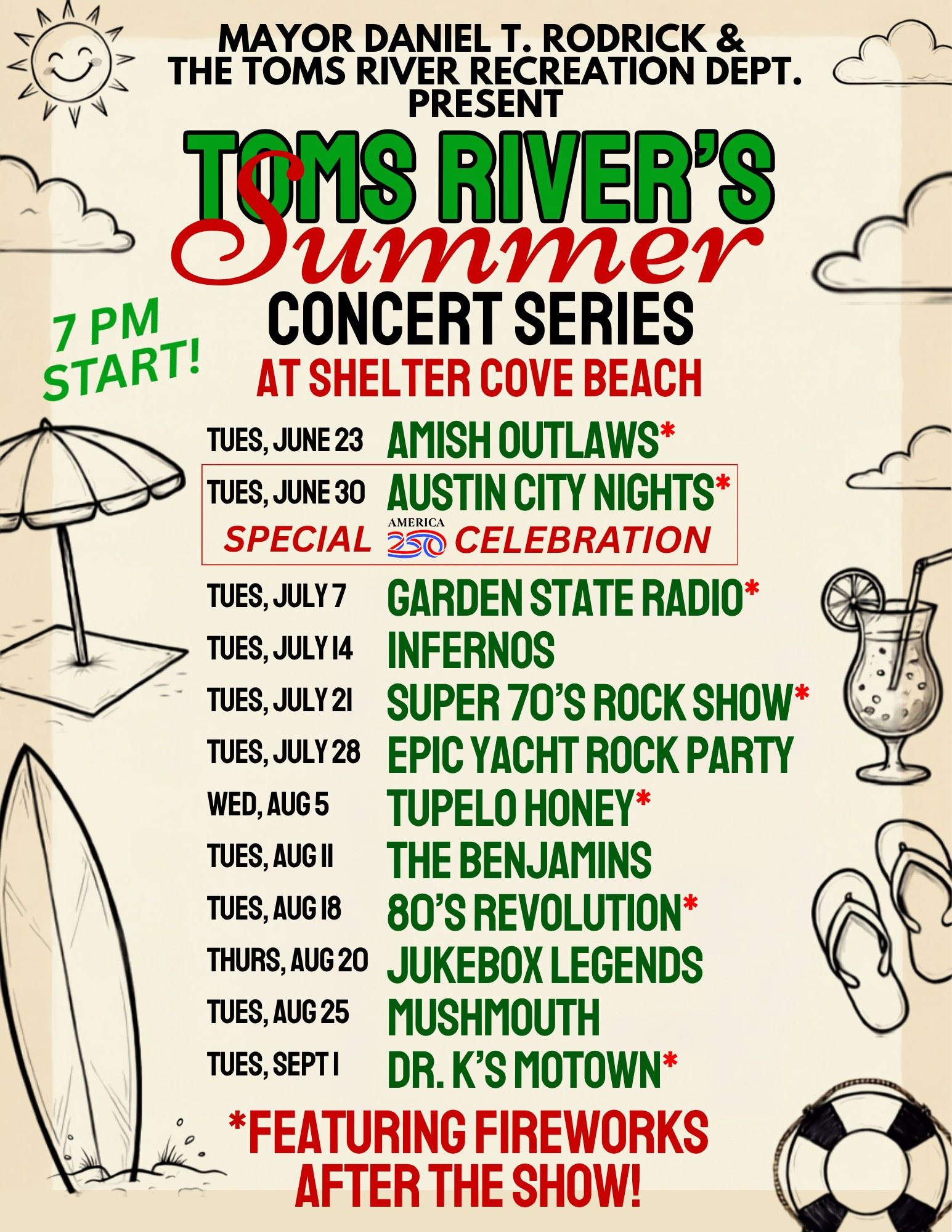 Toms River Summer concert series with a sun, clouds, mixed drink, sandals, life raft, surfboard and an umbrella in the sand.