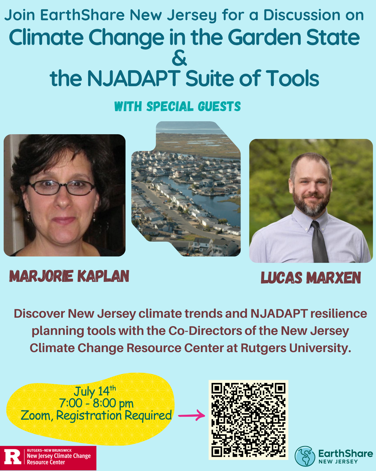 webinar flyer with a photo of a man and a woman and an aerial view of homes by the water