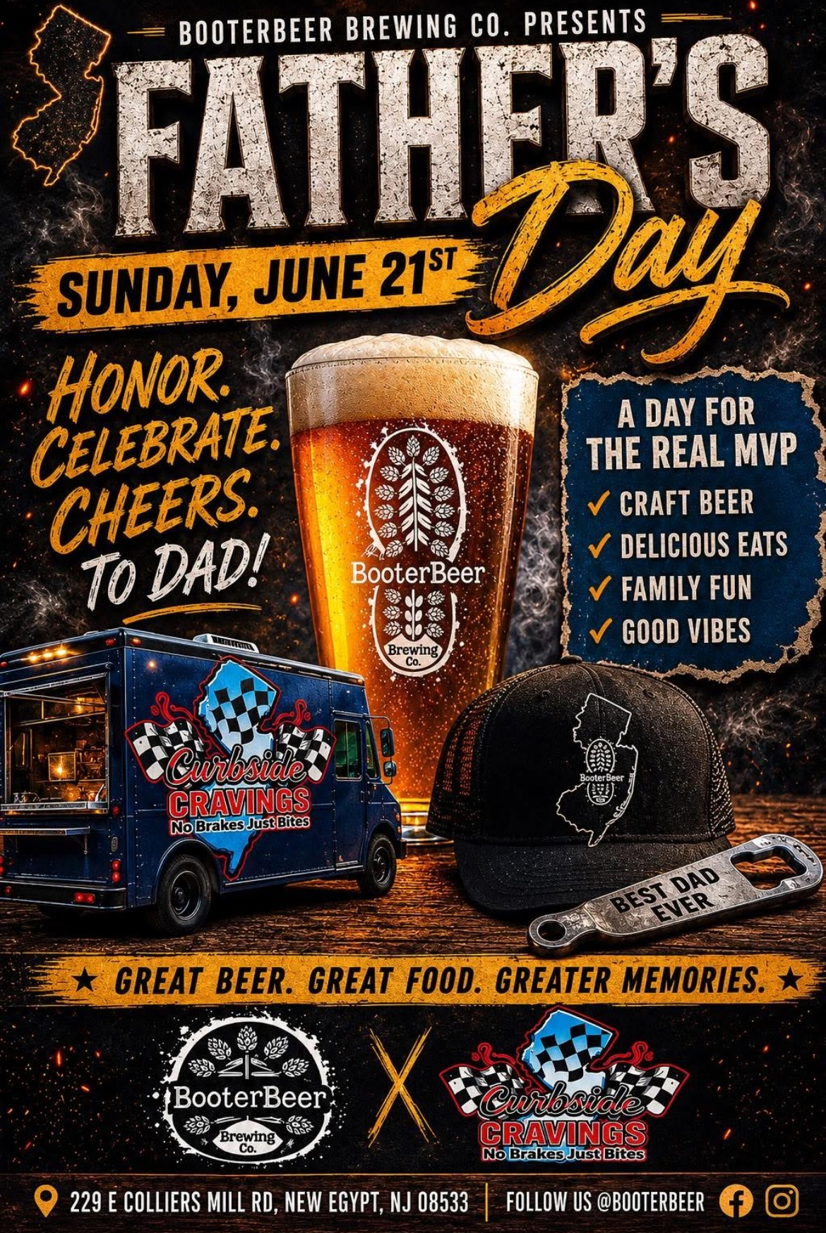 Flyer with a graphic of a food truck, a hat and bottle opener and a glass of beer