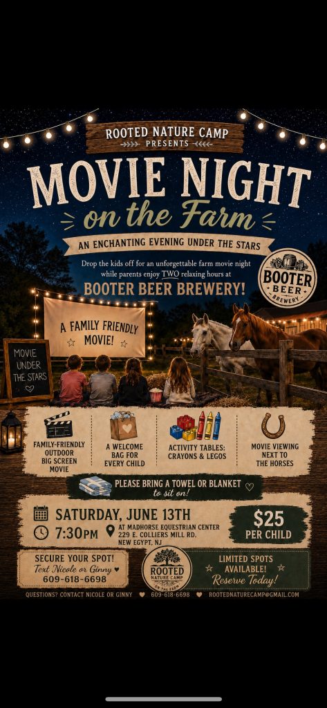 movie night on the farm flyer with kids sitting in front of a screen with horses in a pasture looking over the fence