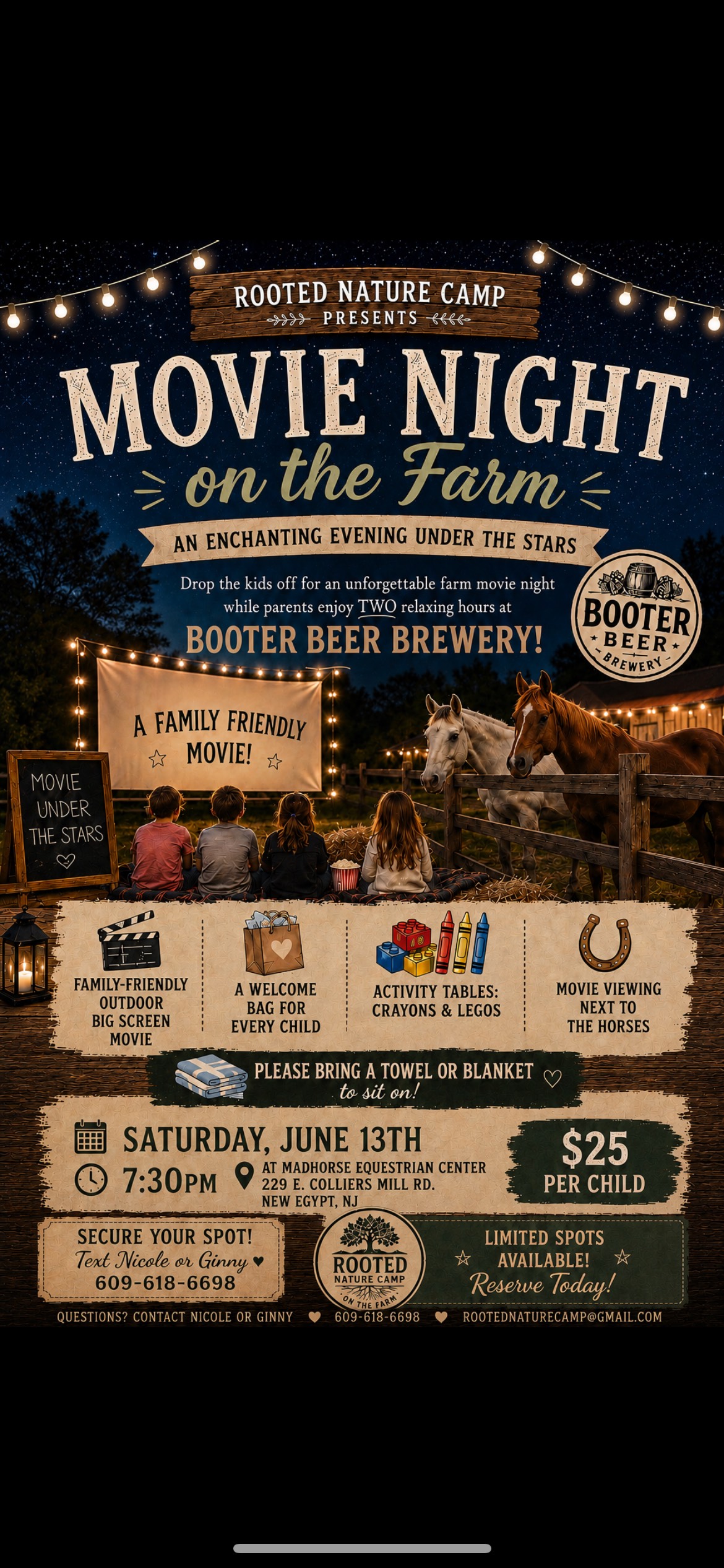 movie night on the farm flyer with kids sitting in front of a screen with horses in a pasture looking over the fence