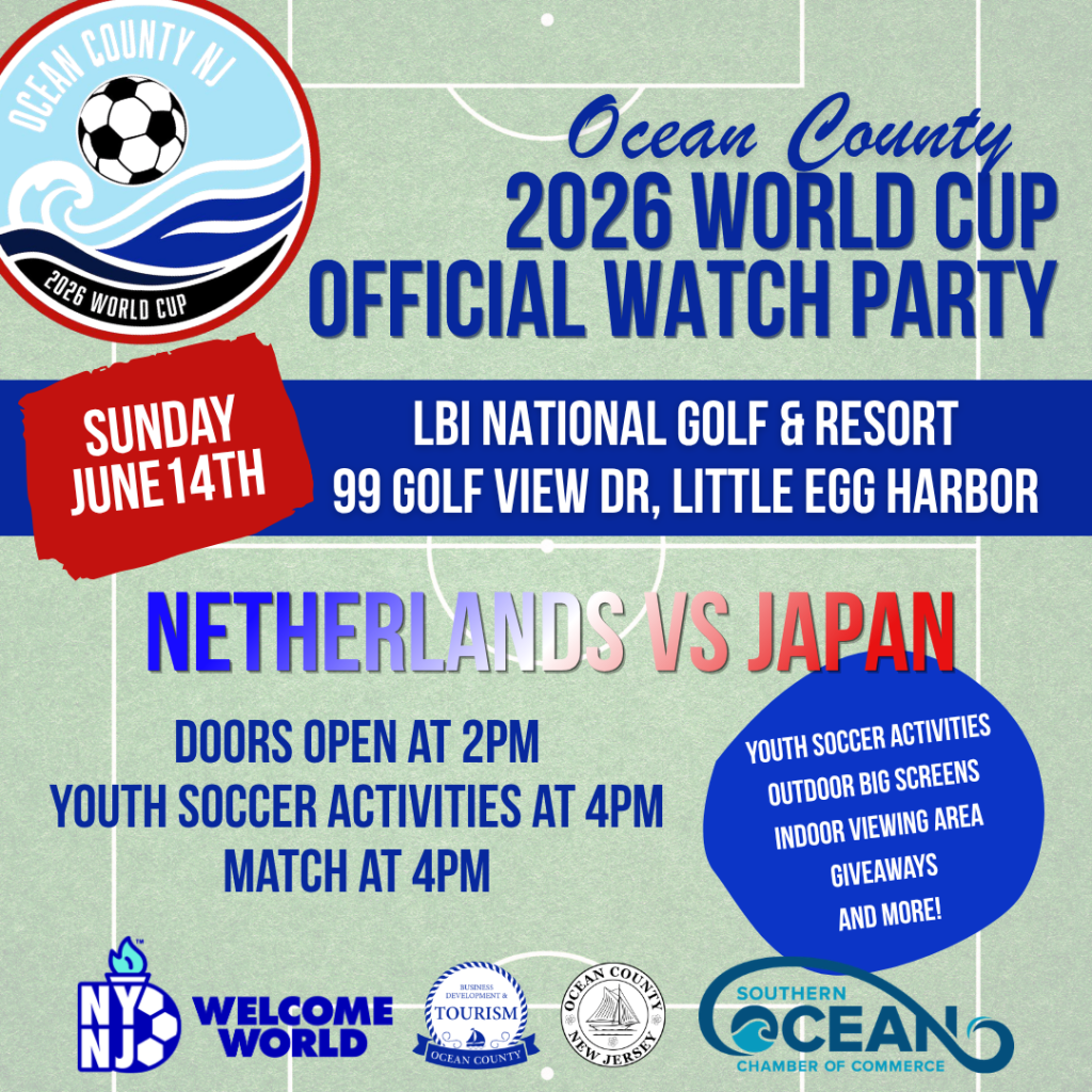 Promotional graphic for the Ocean County, NJ 2026 World Cup Official Watch Party. The background resembles a soccer field with the Ocean County NJ 2026 World Cup logo in the upper left corner. Large blue text announces “Ocean County 2026 World Cup Official Watch Party.” Logos for NYNJ Welcome World Cup, Ocean County Tourism, Ocean County, and Southern Ocean Chamber appear along the bottom.