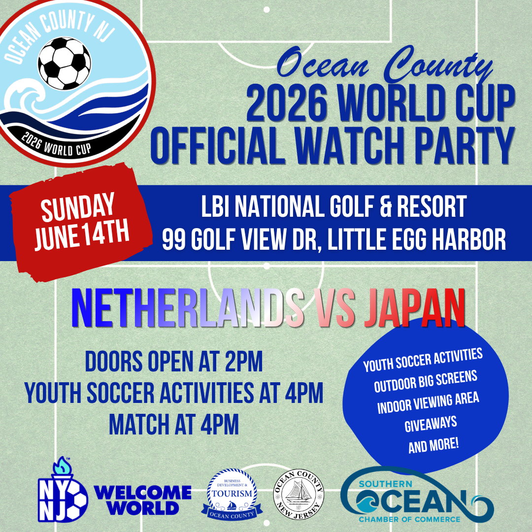Promotional graphic for the Ocean County, NJ 2026 World Cup Official Watch Party. The background resembles a soccer field with the Ocean County NJ 2026 World Cup logo in the upper left corner. Large blue text announces “Ocean County 2026 World Cup Official Watch Party.” Logos for NYNJ Welcome World Cup, Ocean County Tourism, Ocean County, and Southern Ocean Chamber appear along the bottom.