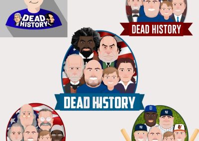 Screenshot showing several variations of a “Dead History” logo featuring illustrated portraits of historical figures arranged in circular and oval designs with patriotic red, white, and blue backgrounds. The largest logo in the center displays multiple cartoon-style faces above a blue banner reading “DEAD HISTORY,” while smaller logo concepts appear partially visible around the edges.