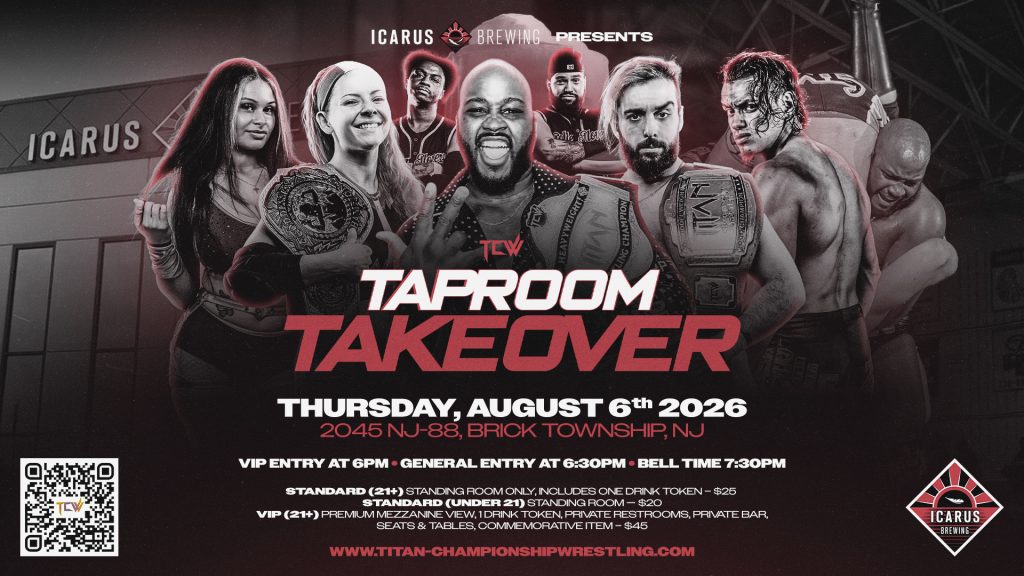 wrestling flyer featuring various wrestlers with Icarus Brewing sign in the background